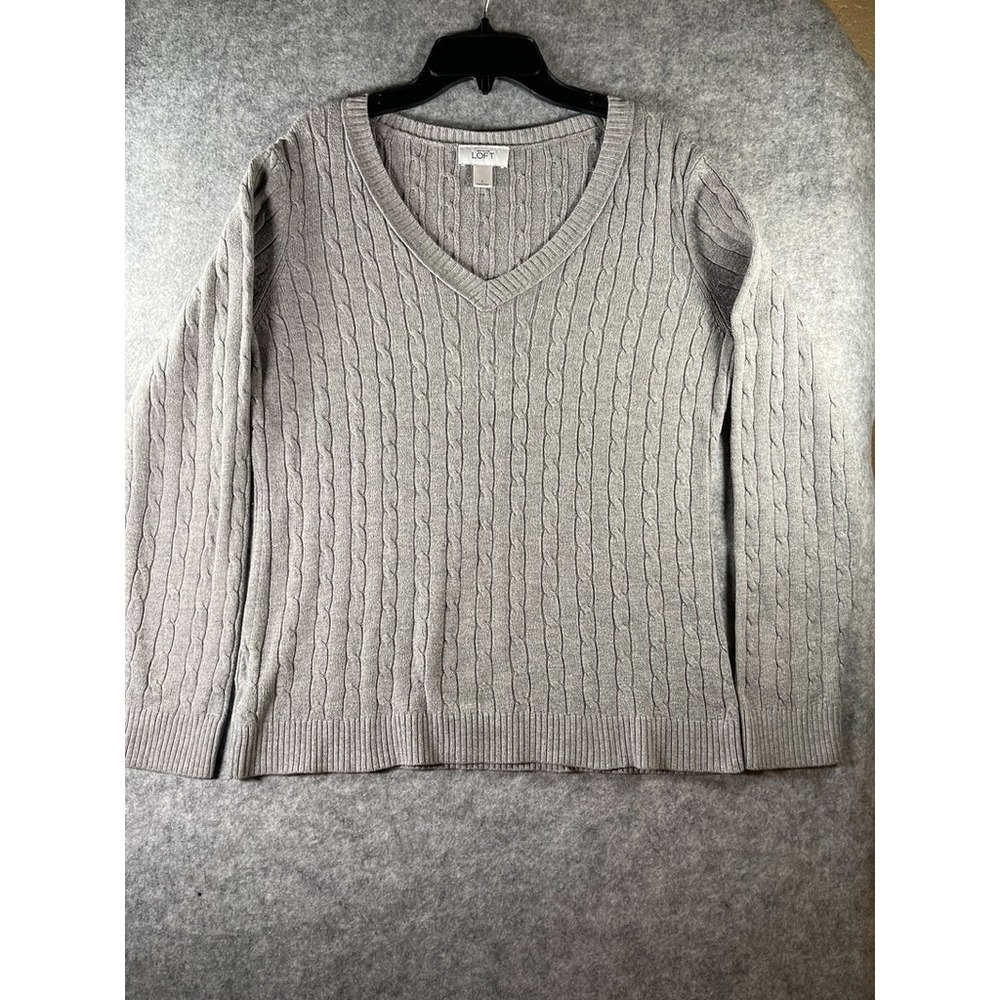 Ann Taylor LOFT Cable Knit Sweater Womens Size L Gray V-Neck Rabbit‎ Hair Blend